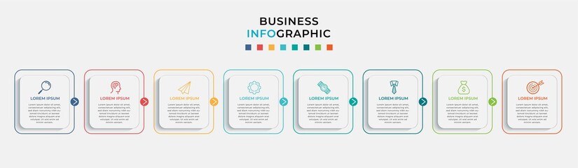 Business Infographic design template Vector with icons and 8 eight options or steps. Can be used for process diagram, presentations, workflow layout, banner, flow chart, info graph