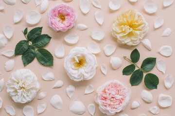 Floral composition with pastel  pink, yellow, white rose flowers pattern texture background. Flat lay, top view.