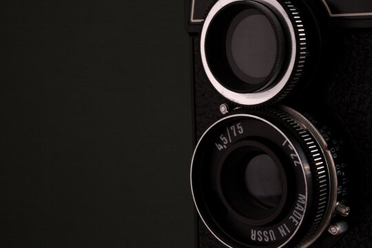 Close up of twin lens camera lenses