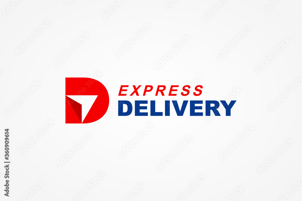 Poster initial letter d logo. red shape d letter with negative space right up arrow inside isolated on whit