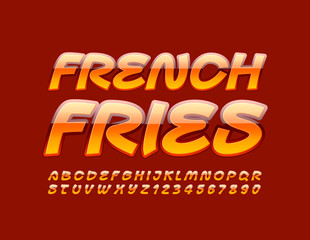 Fototapeta premium Vector bright emblem French Fries with creative Font. Glossy Alphabet Letters and Numbers
