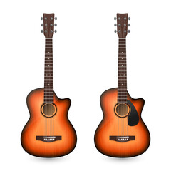 Obraz premium Vector 3d Realistic Classic Old Retro Acoustic Brown Wooden Guitar Icon Set Closeup Isolated on White Background. Design Templte, Mockup, Clipart. Musical Art Concept