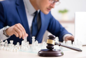 Young lawyer playing chess to train his court strategy and tacti