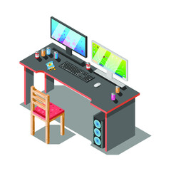 3D Isometric Computer Table Monitor Vector Design Style