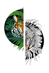 Tiger in the jungle, predator among the leaves lurking, print for clothing design, vector illustration