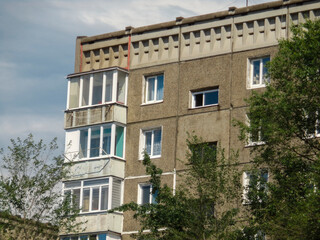 Soviet architecture. Ust-Kamenogorsk (Kazakhstan) Apartment buildings. Soviet architectural style. Residential buildings. Soviet built multistory apartment buildings. Old residential area. 1980s