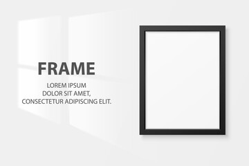 Vector 3d Realistic Black A4 Wooden Simple Modern Frame Icon Closeup Isolated on White Wall Background with Window Light. It can be used for presentations. Design Template, Mockup, Front View