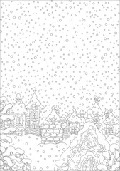 Winter background with a bricky chimney on a snow-covered rooftop of an old house in a small town on a snowy night before Christmas, black and white outline vector cartoon illustration