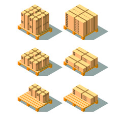 Isometric 3D Cardboard Boxes On Wooden Pallet Vector Design Style