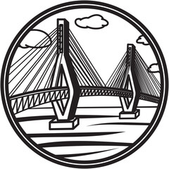 The drawbridge over the lake, round seal, vector illustration.