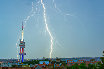 Lightning struck behind the Zizkov Television tower.