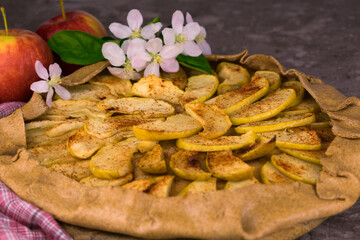 Rye flour cake with apples and cinnamon. Homemade apple pie. Close-up.	