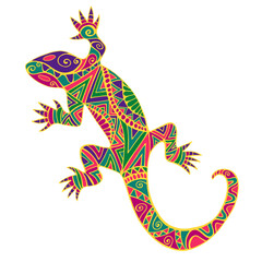 Bright colorful psychedelic lizard with many ornaments, isolated on white background.