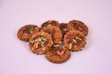 Chocolate biscuits with colorful chocolate pieces