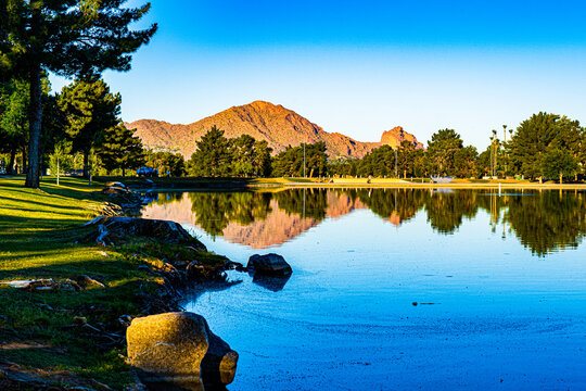 Camelback mountain reflected in the lake