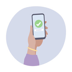 Hand holding smartphone with green check button.Vector illustration of smartphone system protection.