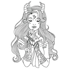 Fantasy art. Beautiful woman capricorn with long hair and with jewellery in her hands. Zodiac vector illustration for coloring book for adults. Isolated on white.