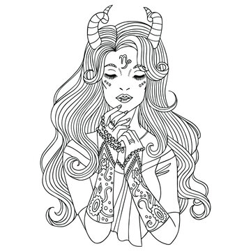 Fantasy art. Beautiful woman capricorn with long hair and with jewellery in her hands. Zodiac vector illustration for coloring book for adults. Isolated on white.