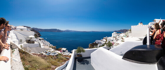 Panoramic view of the Aegean Sea and Santorini Island from the viewpoint located in Oia, Cyclades...