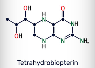 Tetrahydrobiopterin, BH4, THB, sapropterin molecule. It has role as coenzyme, diagnostic agent, human metabolite, cofactor. Skeletal chemical formula