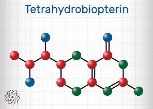 Tetrahydrobiopterin, BH4, THB, sapropterin molecule. It has role as coenzyme, diagnostic agent, human metabolite, cofactor. Sheet of paper in a cage
