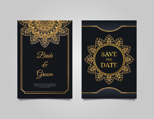 Luxury wedding invitation card design. Wedding invitation set with elegant black background. Cool invitation template with golden mandala ornament