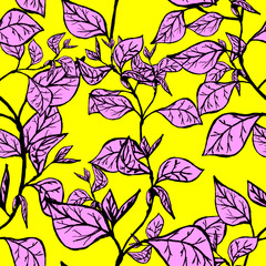 seamless floral pattern of interwoven branches with pink leaves on a bright yellow background