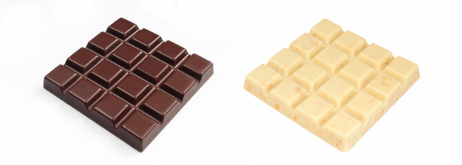 White and Dark chocolate blocks isolated on white background. Choco bars