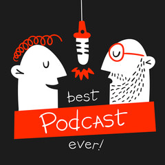 podcasting characters hand drawn funny men. men on the air with podcast theme and microphone - obrazy, fototapety, plakaty