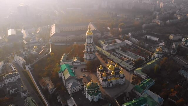 Drone footage Aerial view of Kiev Pechersk Lavra in Kyiv Kiev, Ukraine. Aerial view. Kiev Pechersk Lavra, Orthodoxy church, monastery and museum. Top down view, drone video footage.