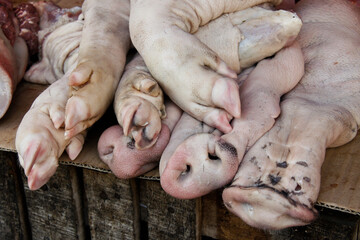 Pig snouts and feet for sale in market, Laos