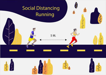Social distancing exercise running outdoor. People running distance between people from each other. Training in sport club after covid-19 coronavirus quarantine. Flat vector  exercise after pandemic