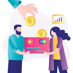 Man and woman hold bonus card. Clients loyalty programs as part of customer return marketing. Increase in points on discount card.