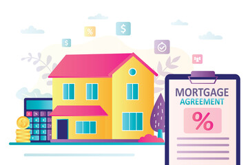 Mortgage agreement and finance management. Apartment with financial document, interest rate. Buying a property.
