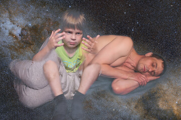 A 40-year-old European man lies and sleeps. Gray background. A 5 year old boy looks at his hands....