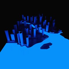 Conceptual 3d illustration of a night city with lighting from glowing water. 3d rendering.
