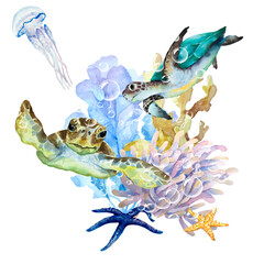 Sea turtles, jellyfish with long tentacles, seaweed, coral, anemone and starfish on a white background, watercolor drawing.