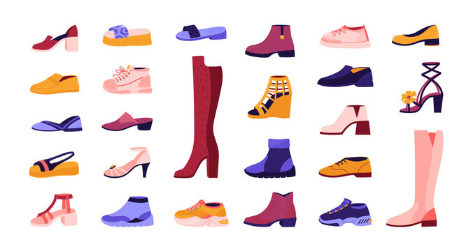 Cartoon footwear. Elegant and casual shoes, seasonal summer sandals and autumn boots, running sneakers. Vector illustration cartoon fashionable male and female shoes