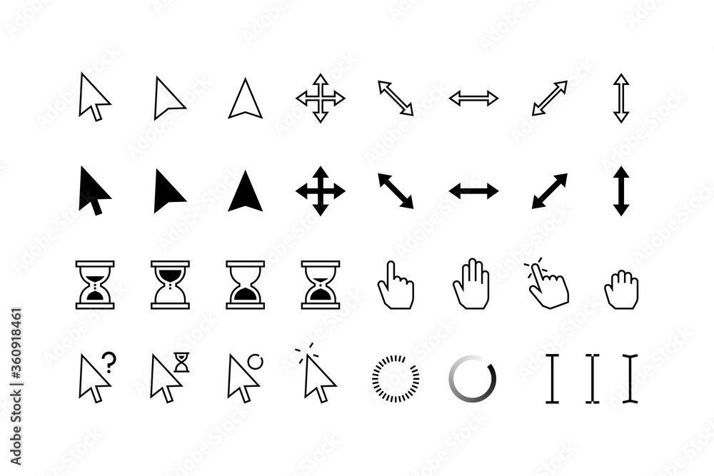 Leinwandbilder Cursor icons. Classic pointer arrows, hourglass and hands with click hold and point state, computer mouse web buttons. Vector graphic pointers set for internet technology, click in window shape