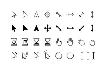 Fototapeta na wymiar Cursor icons. Classic pointer arrows, hourglass and hands with click hold and point state, computer mouse web buttons. Vector graphic pointers set for internet technology, click in window shape