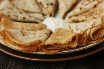 Delicious fresh crepe with sour cream macro