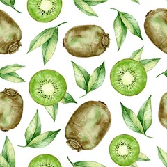 Ripe juicy kiwi fruit with slices seamless pattern. Hand drawn watercolor exotic fruits wallpaper. Kiwi, green leaves.