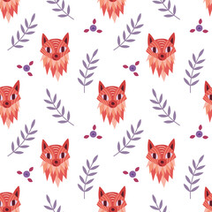 Seamless pattern with cute cartoon fox faces and plants. Woodland character on white background. Vector illustration.