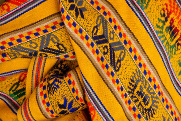 Woven textiles for sale in the market, Chinchero, Peru