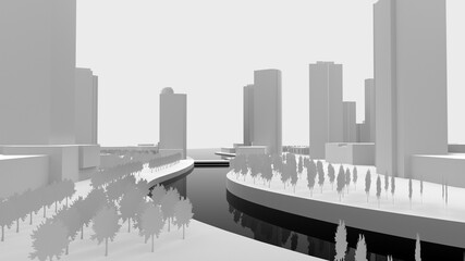 White blank 3D model of a city built by the water. 3d rendering.