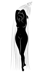 Silhouette figure of a big woman. The girl washes in the shower. A woman is overweight, she is beautiful and sexy. Vector illustration