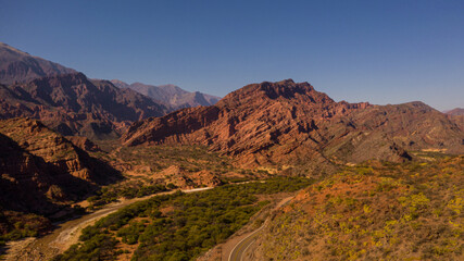 Aerial view of drones from Northern Argentina, mountains, valleys, routes and peaks.