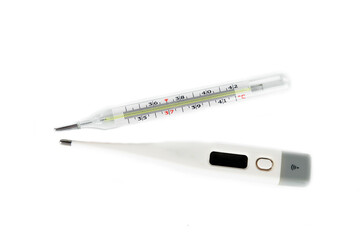 Medical digital thermometer isolated on the white background.The concept of treatment of patients....