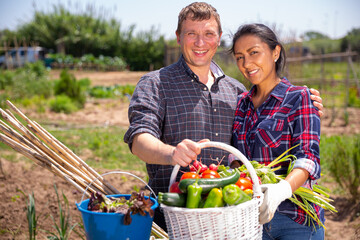 Happy couple of farmers posing with basket of ripe vegetables