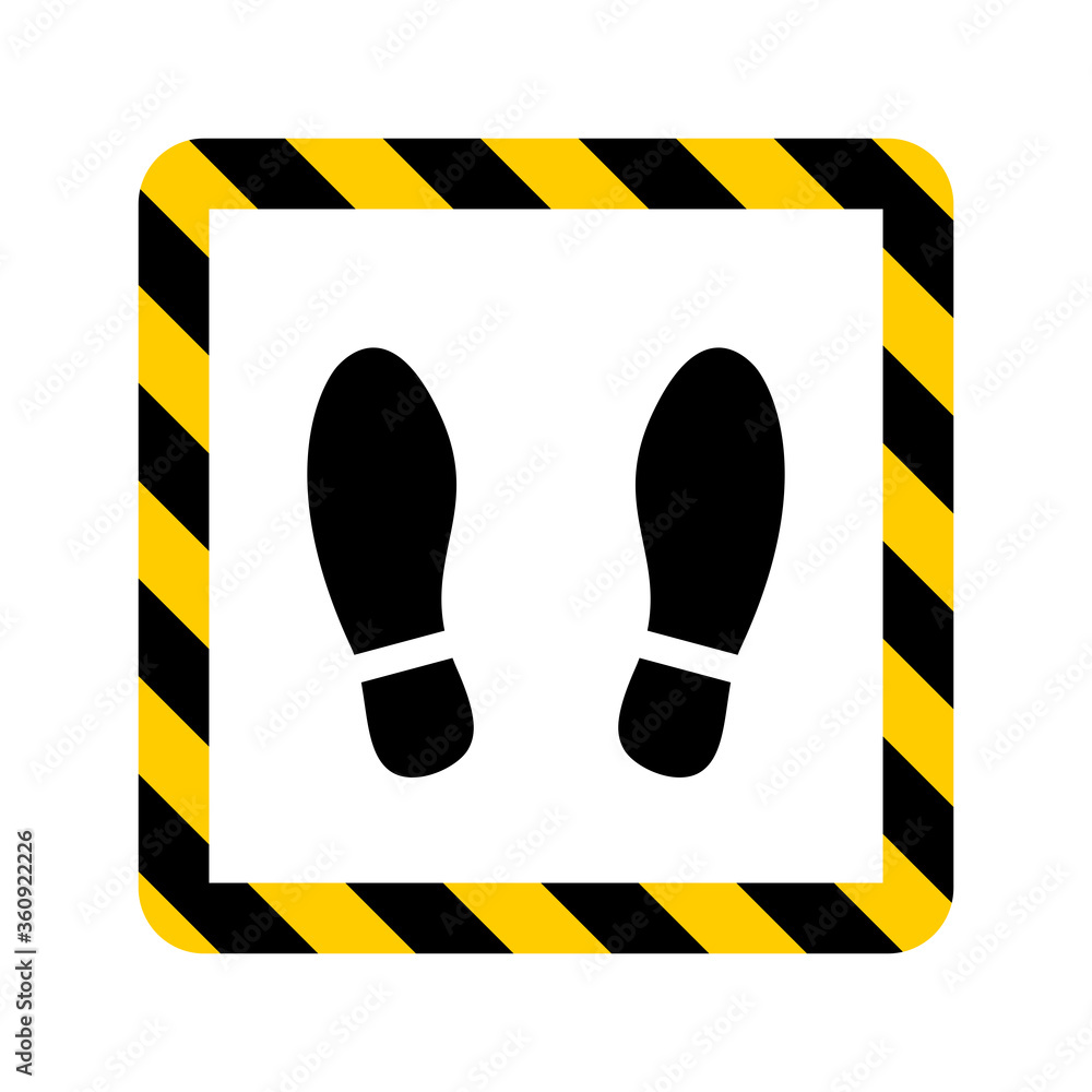 Poster stand here or wait here floor marking adhesive icon with security stripes frame and shoeprint symbol